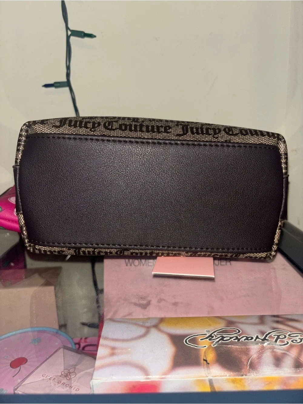 Juicy Couture Taupe Brown Logo Satchel with Pink Cherry Coin Pouch